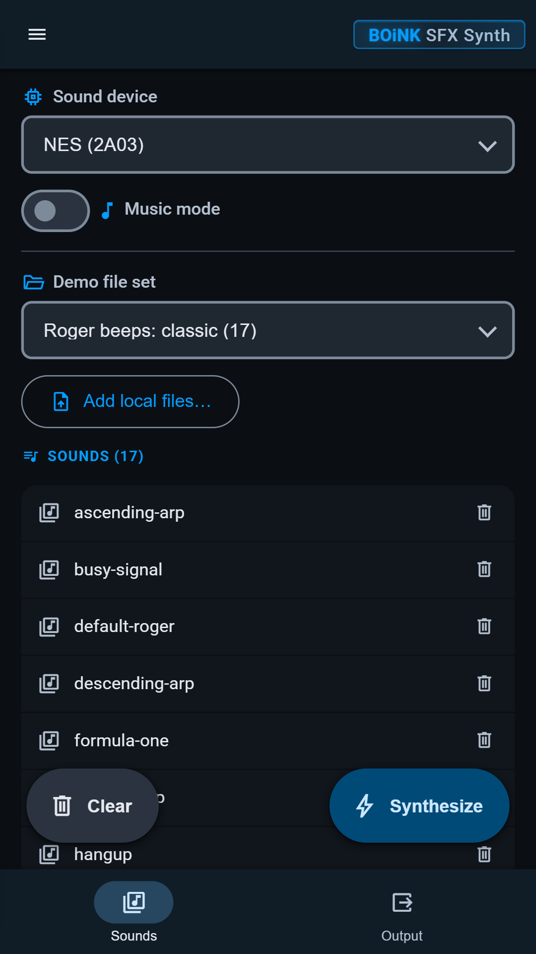 BOiNK SFX Synth Sounds screen with the NES device selected and a demo file set loaded