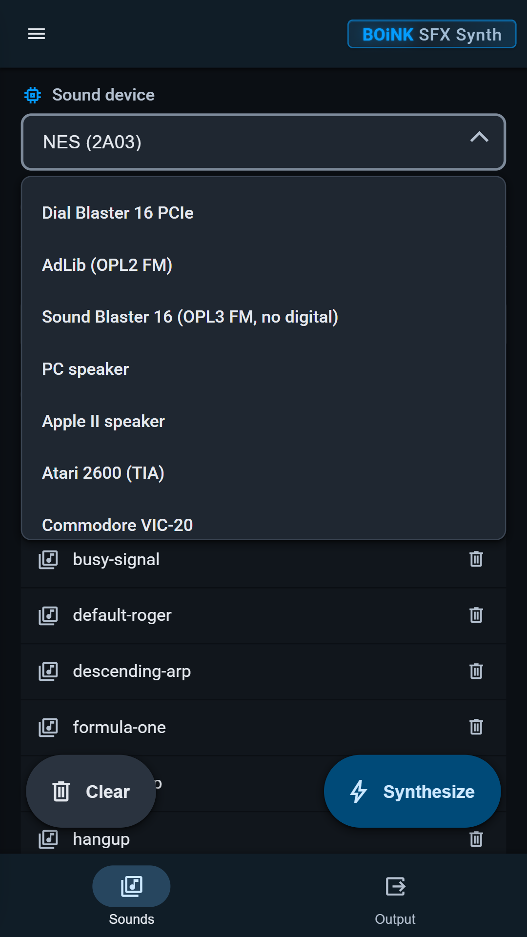 The sound device menu listing Dial Blaster 16, AdLib, Sound Blaster 16, PC speaker and more