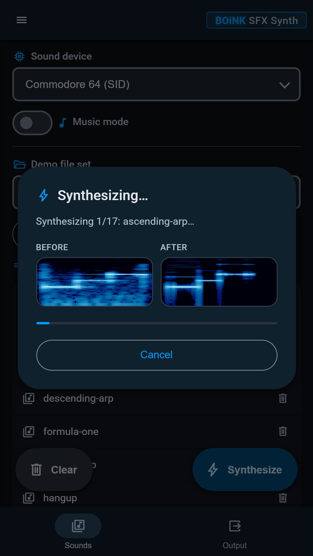 Synthesizing dialog showing before and after spectrograms and a progress bar