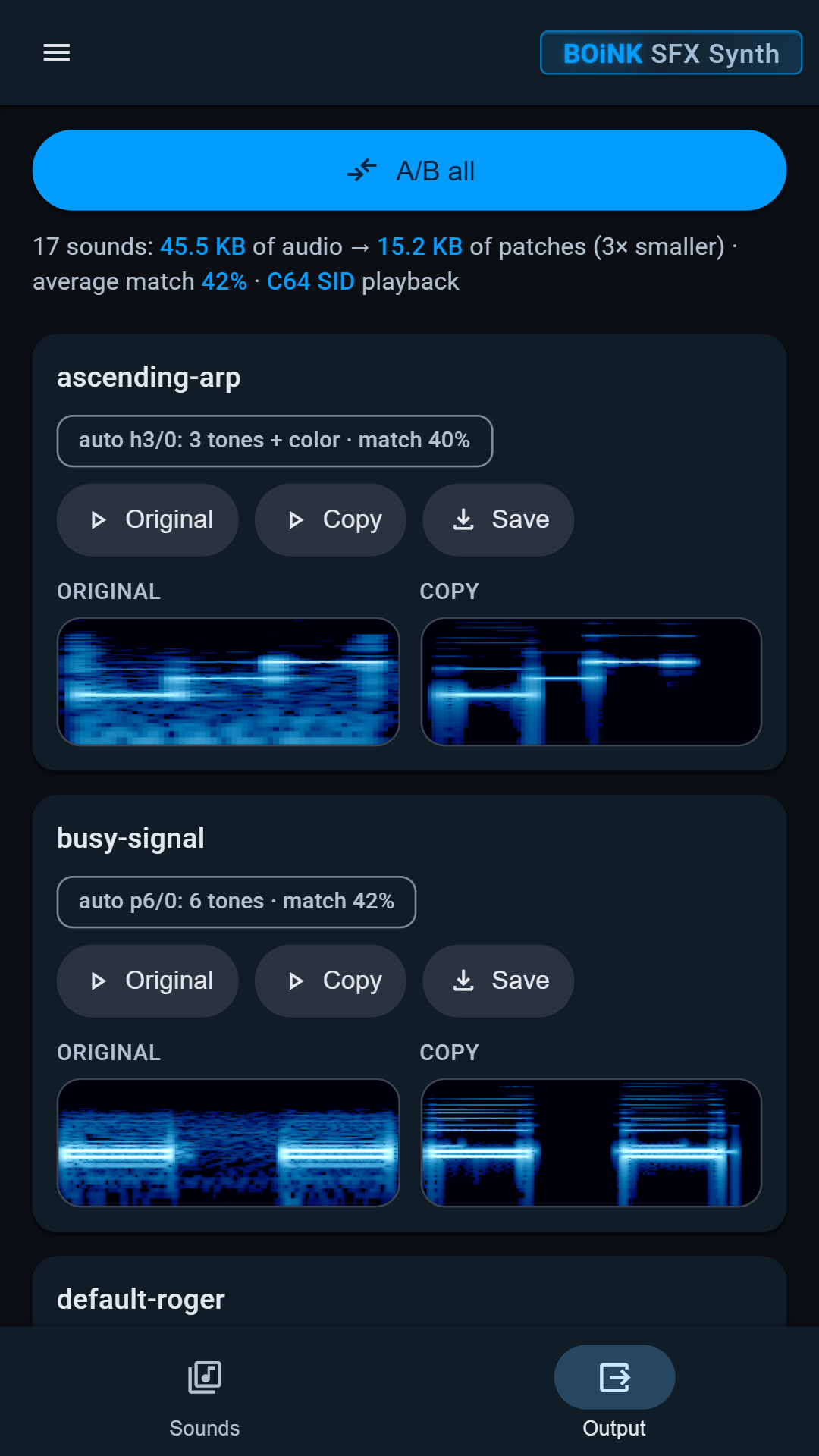 Output screen with original and copy spectrograms, match scores and A/B all button