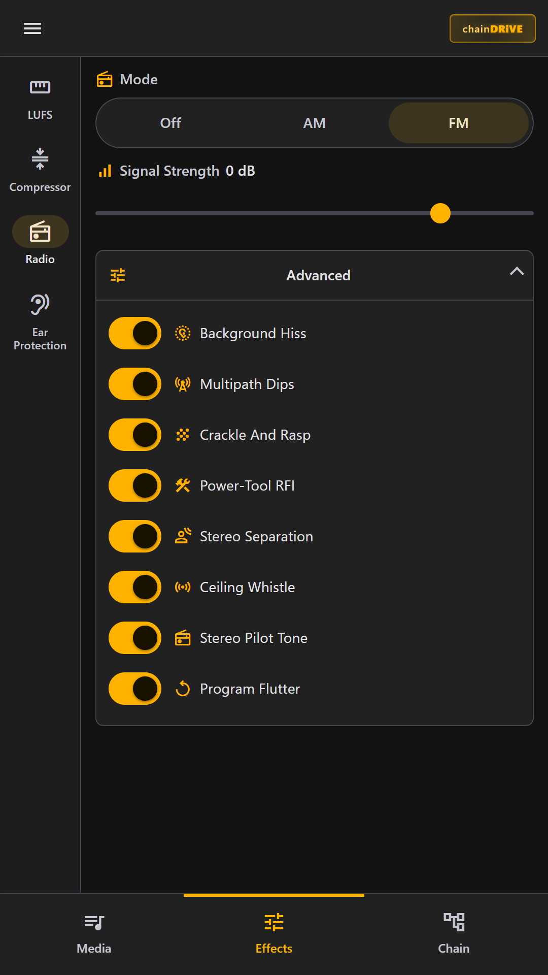 FM radio simulator with advanced artifact toggles
