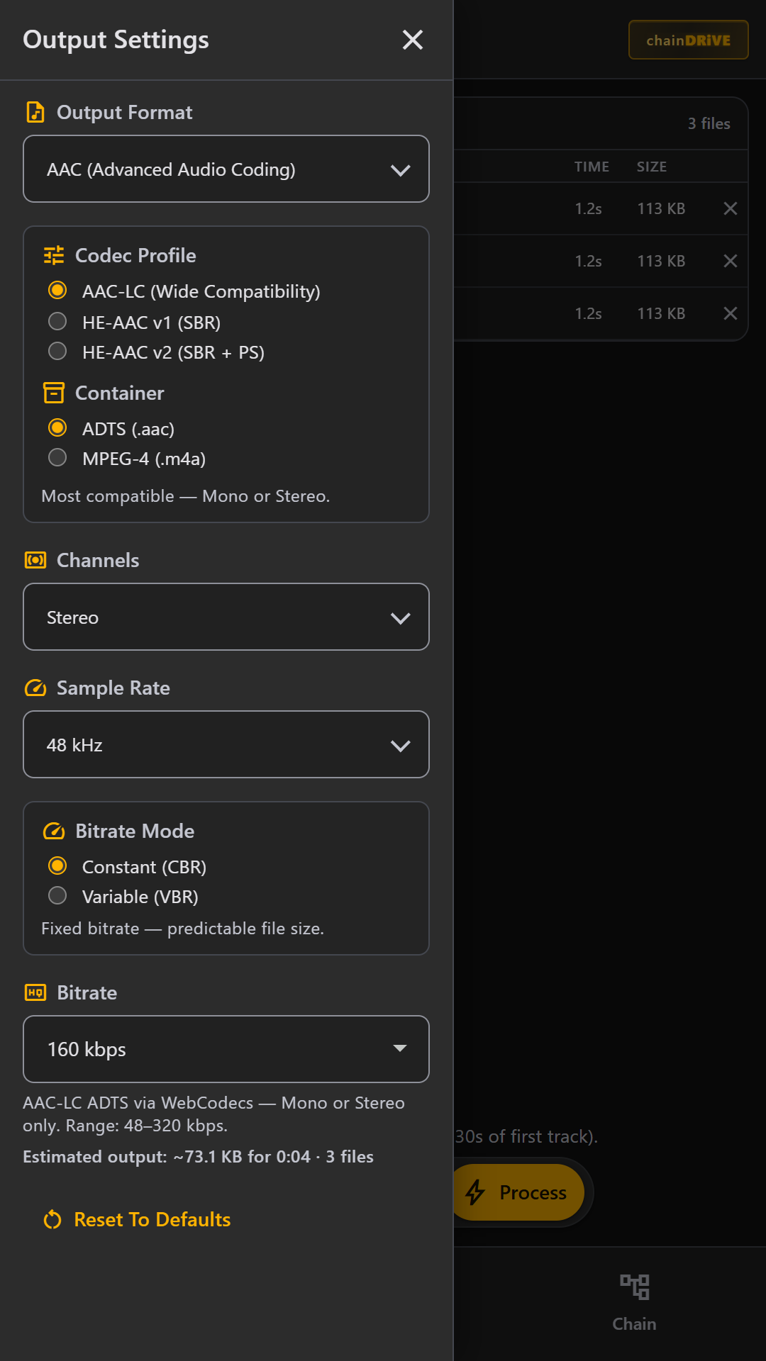 AAC output settings with LC and HE profiles